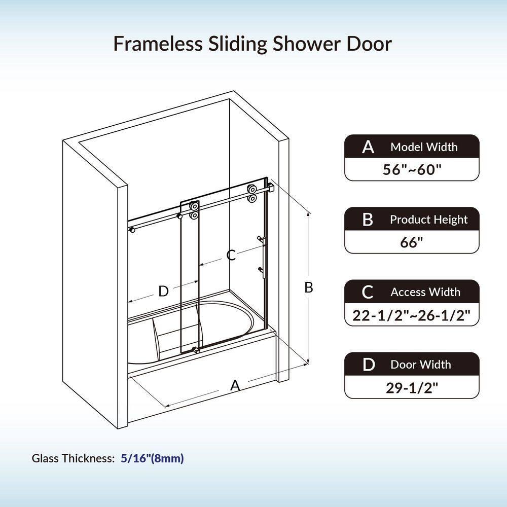 WoodBridge Frameless Single Sliding Shower Doors, 56-60" W X 62" H With 5/16" Clear Tempered Glass And Explosion-Proof Film MSDF6062-C