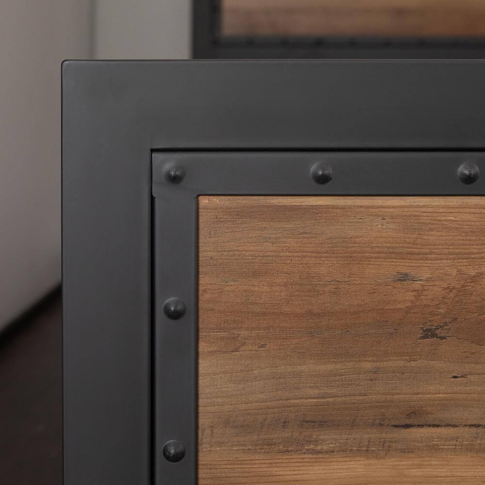 Rustic Oak Queen Bed with Metal Frame and Wood Headboard