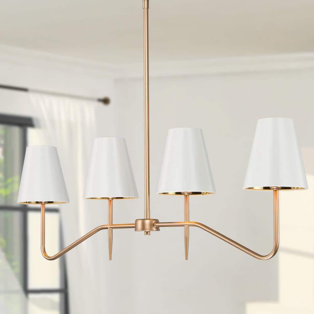 Brightever 4-Light Gold Linear Chandelier, Kicthen Island Light Fixture for Dining Room Over Table, Modern Pendant Lighting with White Fabric Shades for Pool Table, E12 Base (Bulb not Included)
