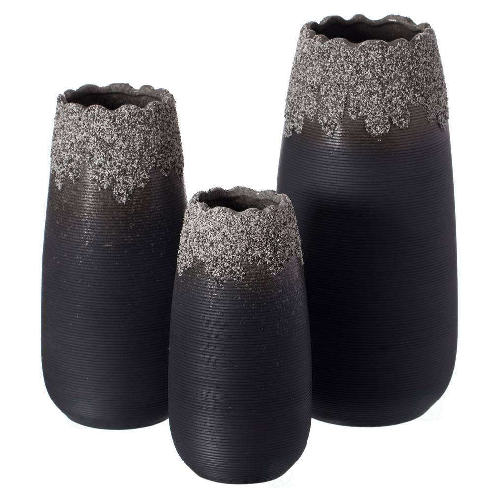 Uniquewise Contemporary Black Table Vase with Dripping Crystal Look and Scalloped Opening Design, Set of 3