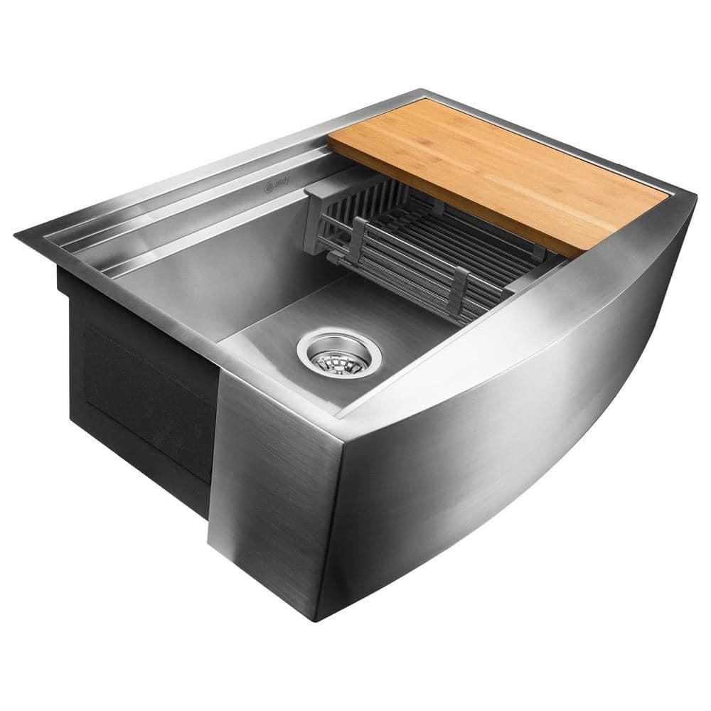 Farmhouse Apron Front 33-in x 22-in Brushed Stainless Steel Single Bowl Workstation Kitchen Sink