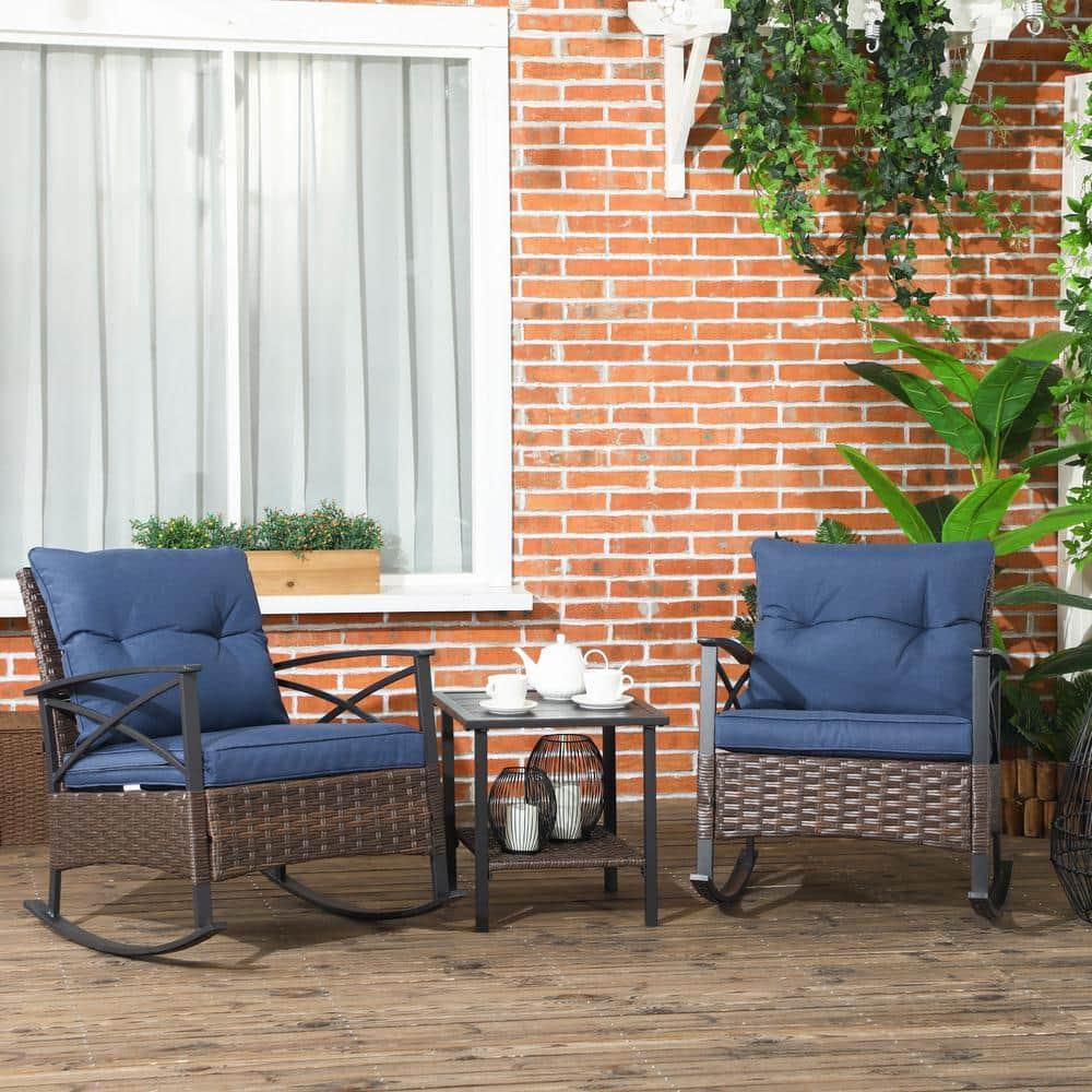 Outsunny 3 Piece Rocking Chair Bistro Set, Outdoor Wicker Porch Conversation Set with 2 Rockers, Table, Tufted Cushions for Garden, Dark Blue