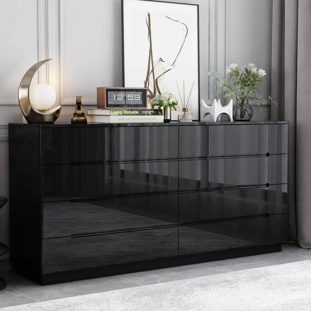 Black 8-Drawer 63 in. W Wood Double Dresser Chest of Drawers Bedroom Storage Organizer in With High Gloss and LED Lights