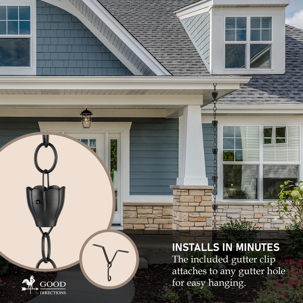 Good Directions 6 Cup Crocus Black Aluminum 8.5 ft. Rain Chain with Gutter Installation Clip