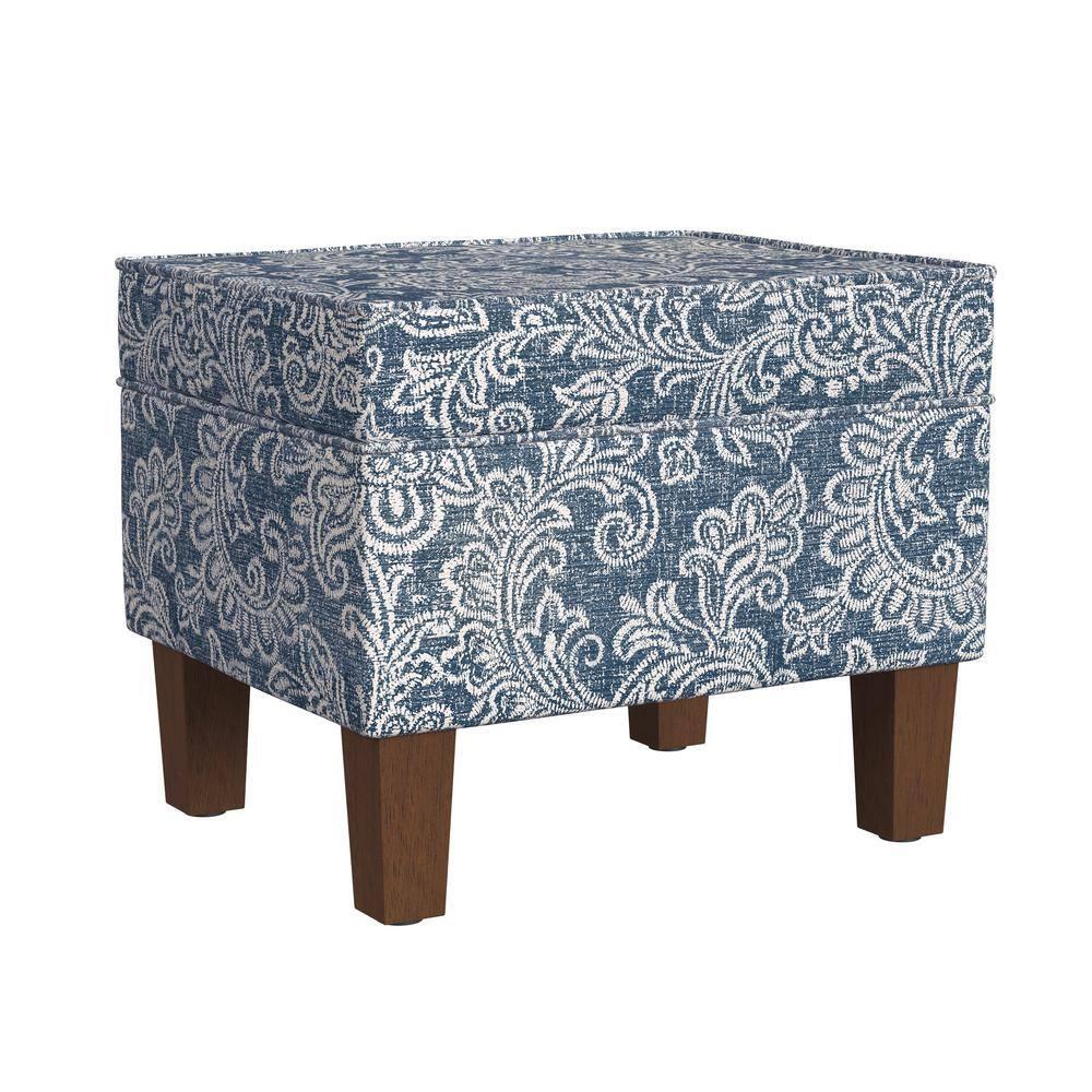 Medium Storage Ottoman Denim - HomePop: Upholstered Footstool, Botanical Pattern, Hardwood Frame