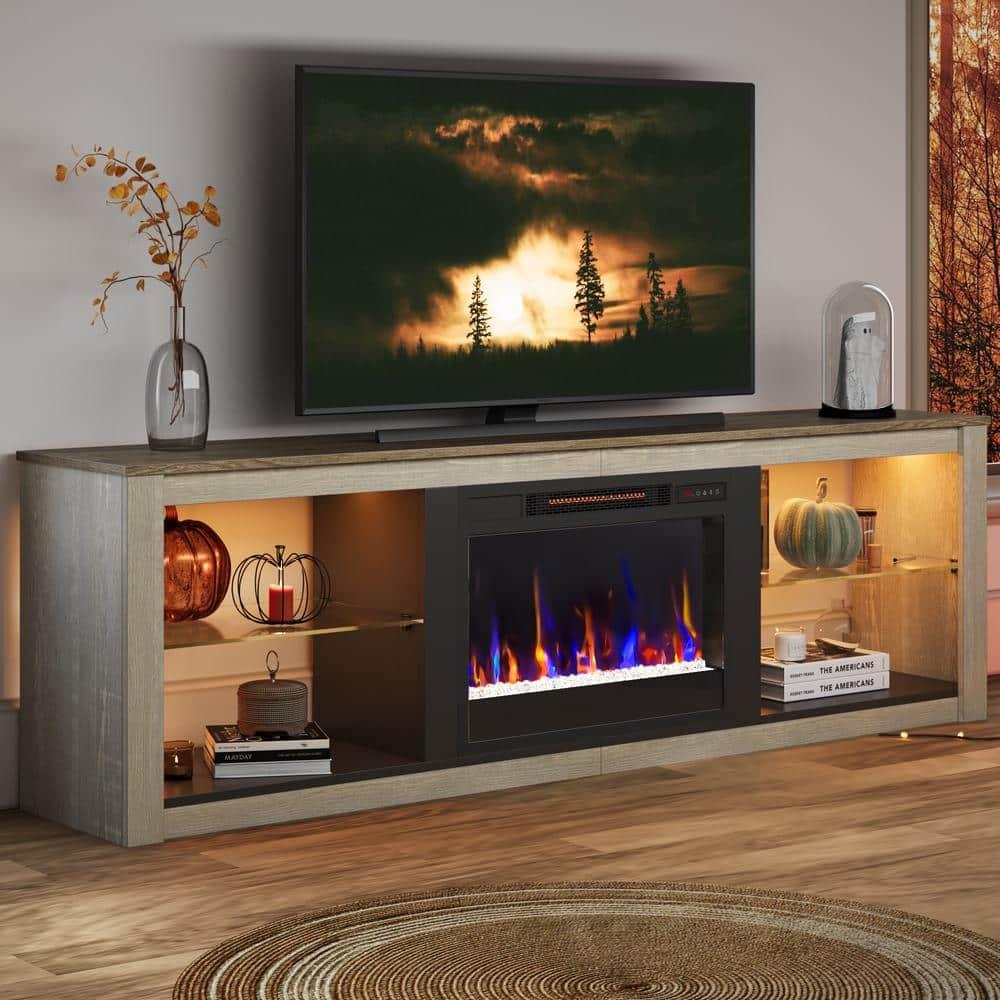Bestier Modern Electric Fireplace TV Stand Entertainment Center for TVs up to 75" with LED Light and Storage Shelves in Wash White