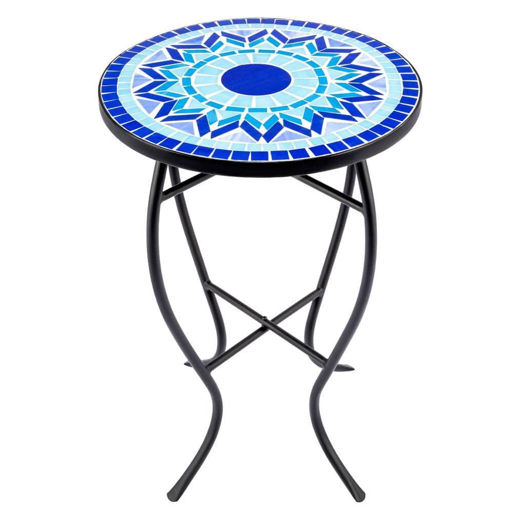 Outdoor Patio Side Table Round Ceramic Tile End Table Blue
