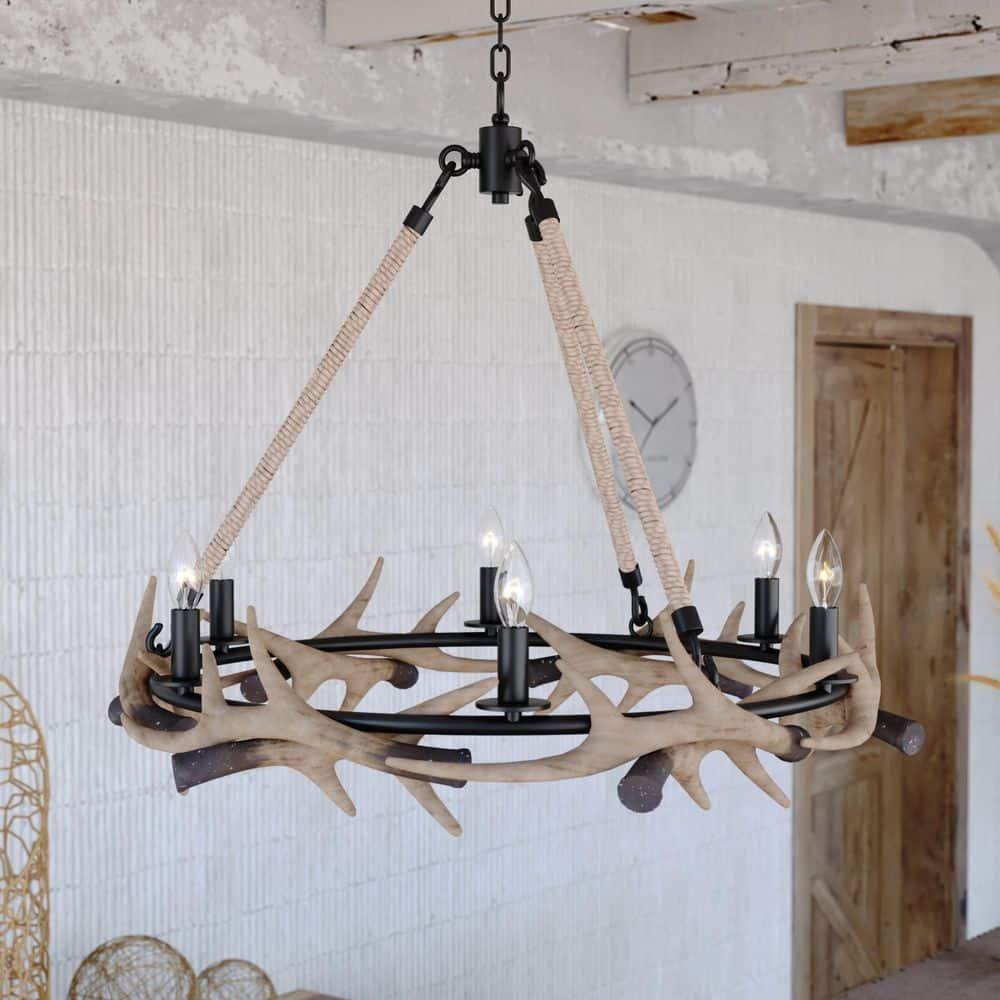 Vaxcel Breckenridge 6 Light Bronze Rustic Antler Chandelier Natural Rope Accent