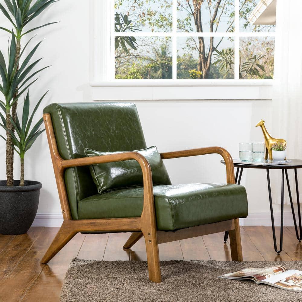Glitzhome 2 Set Mid Century Hunter Green Accent Armchair, Single Reading Armchair PU Leather Lounge Chair with Walnut Ruberwood Frame