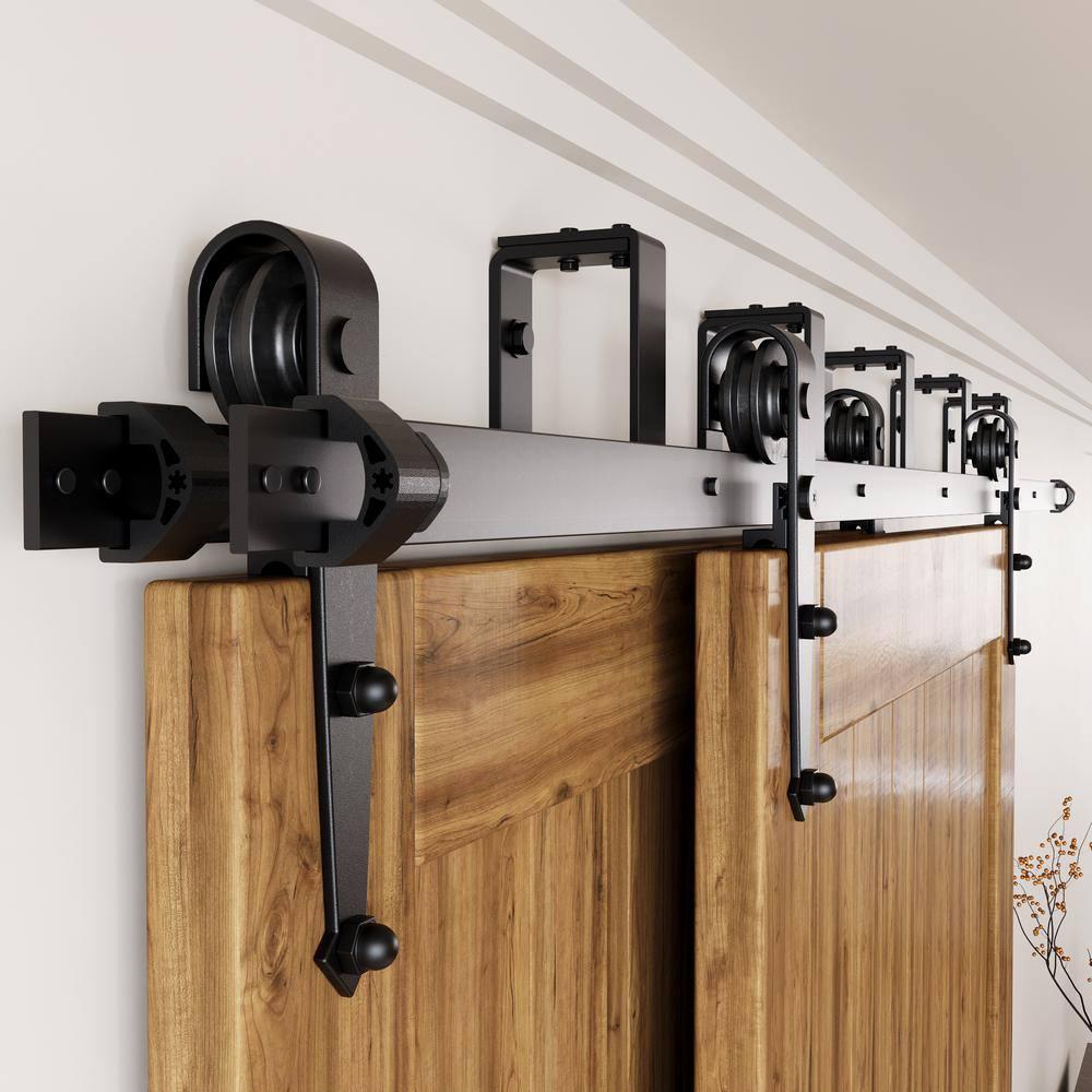 Homacer Black Rustic Double Track U-Shape Bypass Sliding Barn Door Hardware Kit, for Two/Double Doors, 8ft Long Flat Track, Arrow Design Roller, Heavy Duty, for Interior & Exterior Use