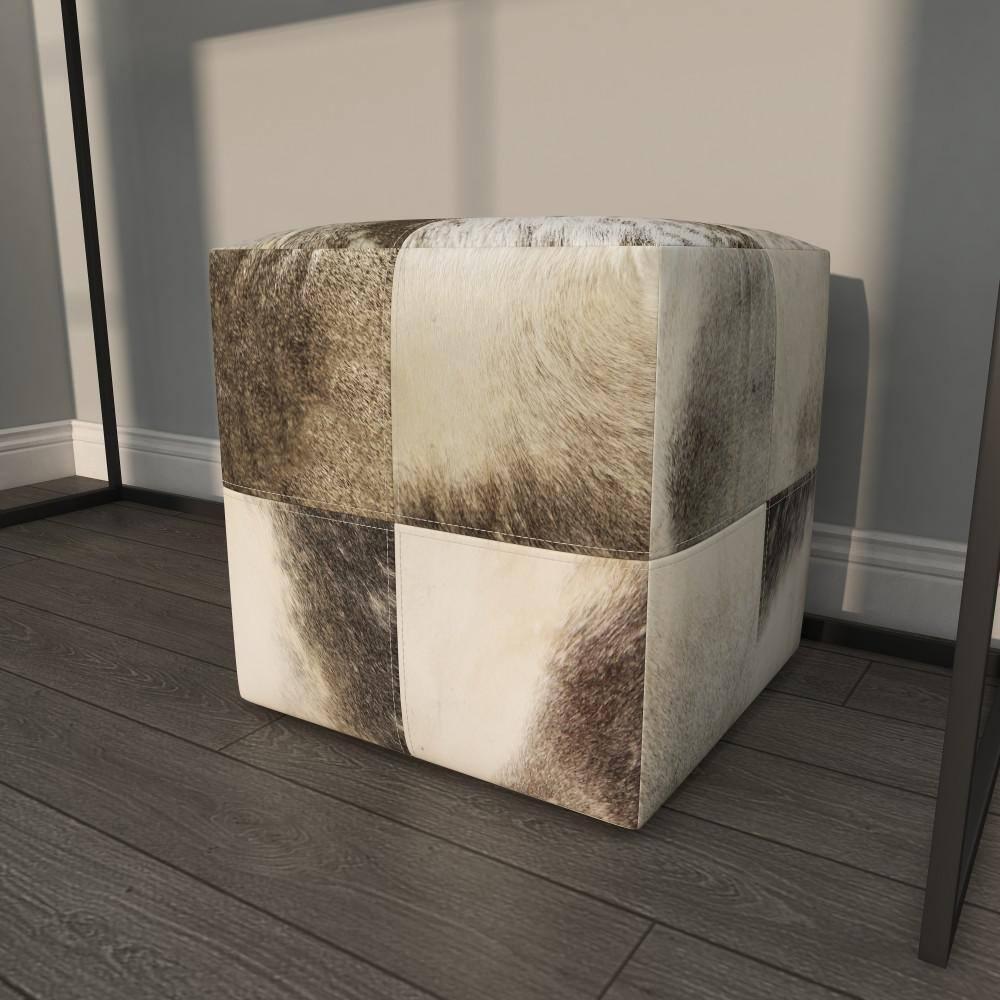 DecMode Leather Handmade Cowhide Stool with Patchwork Pattern, Gray