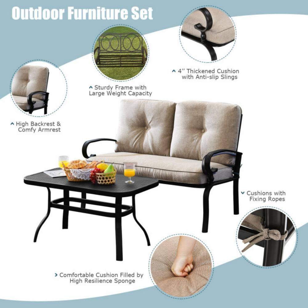 Beige Cushioned Steel Patio Loveseat with Coffee Table