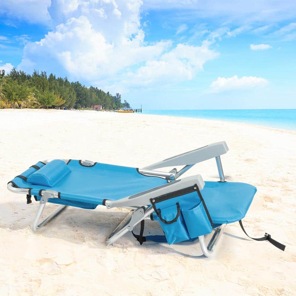 Tcbosik Reclining Beach Chair, 5-Position Adjustable Lay Flat Lounge Chair for Adults, Portable Folding with Cooler Pouch, Camping Chair for Outdoor, Blue