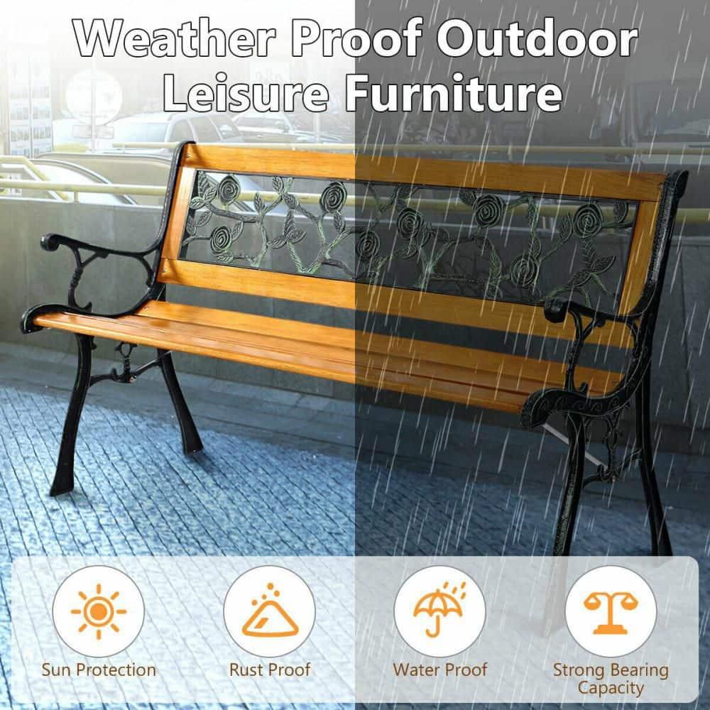 Costway Patio Park Garden Bench Porch Chair Outdoor Deck Cast Iron Hardwood Rose
