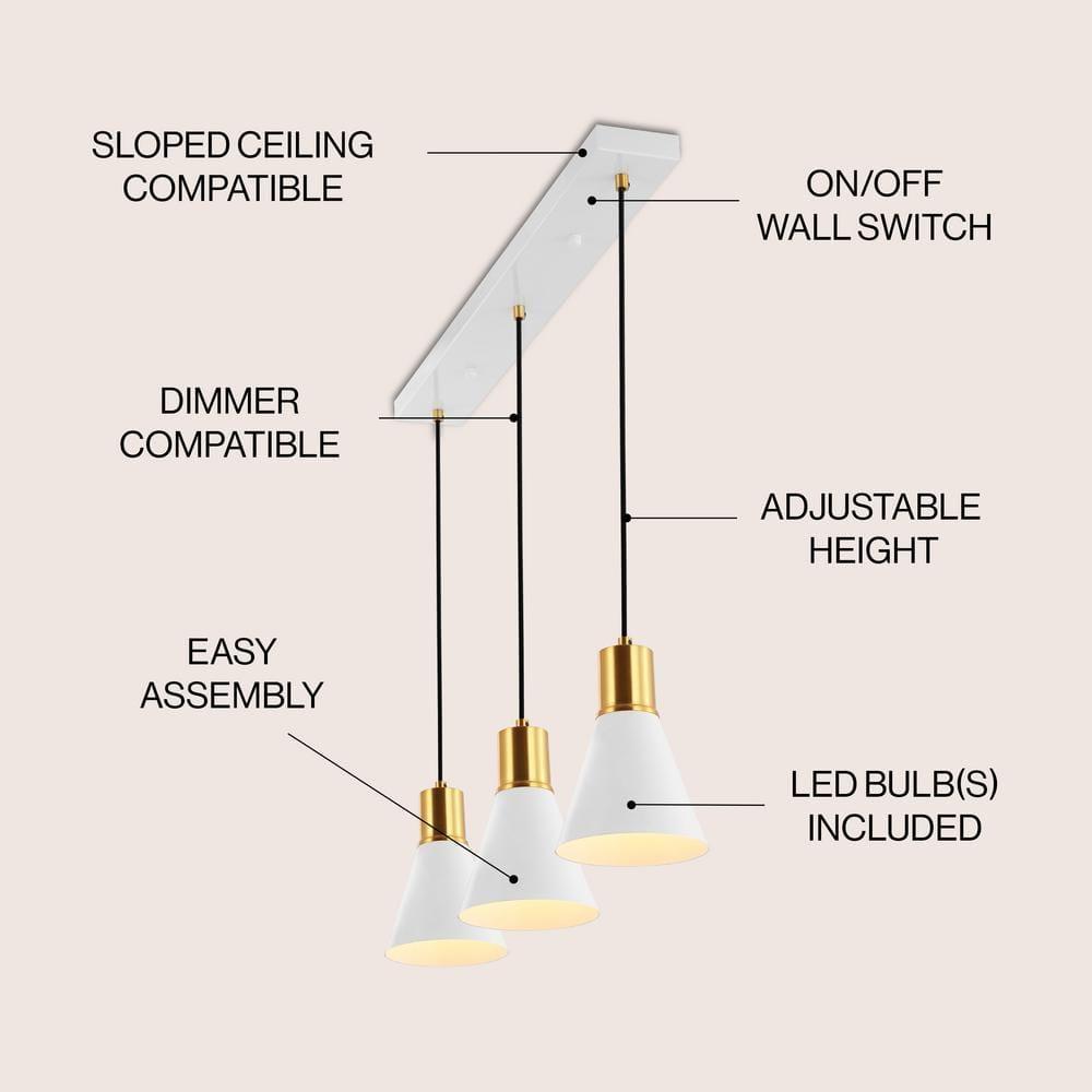 Apollo 33.5" 3-Light Mid-Century Modern Iron Adjustable Linear LED Pendant, White/Brass Gold