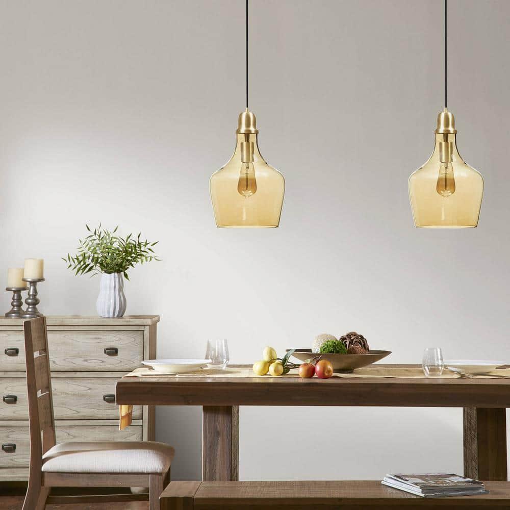 Hampton Hill Auburn Pendant Kitchen Lighting for Dining Room, Industrial Kitchen Lights, Hand-Blown Glass Bell Shaped Pendant Light for Kitchen Island, Foyer, Bedroom, 9" Dia x 95.5" H, Gold/Amber