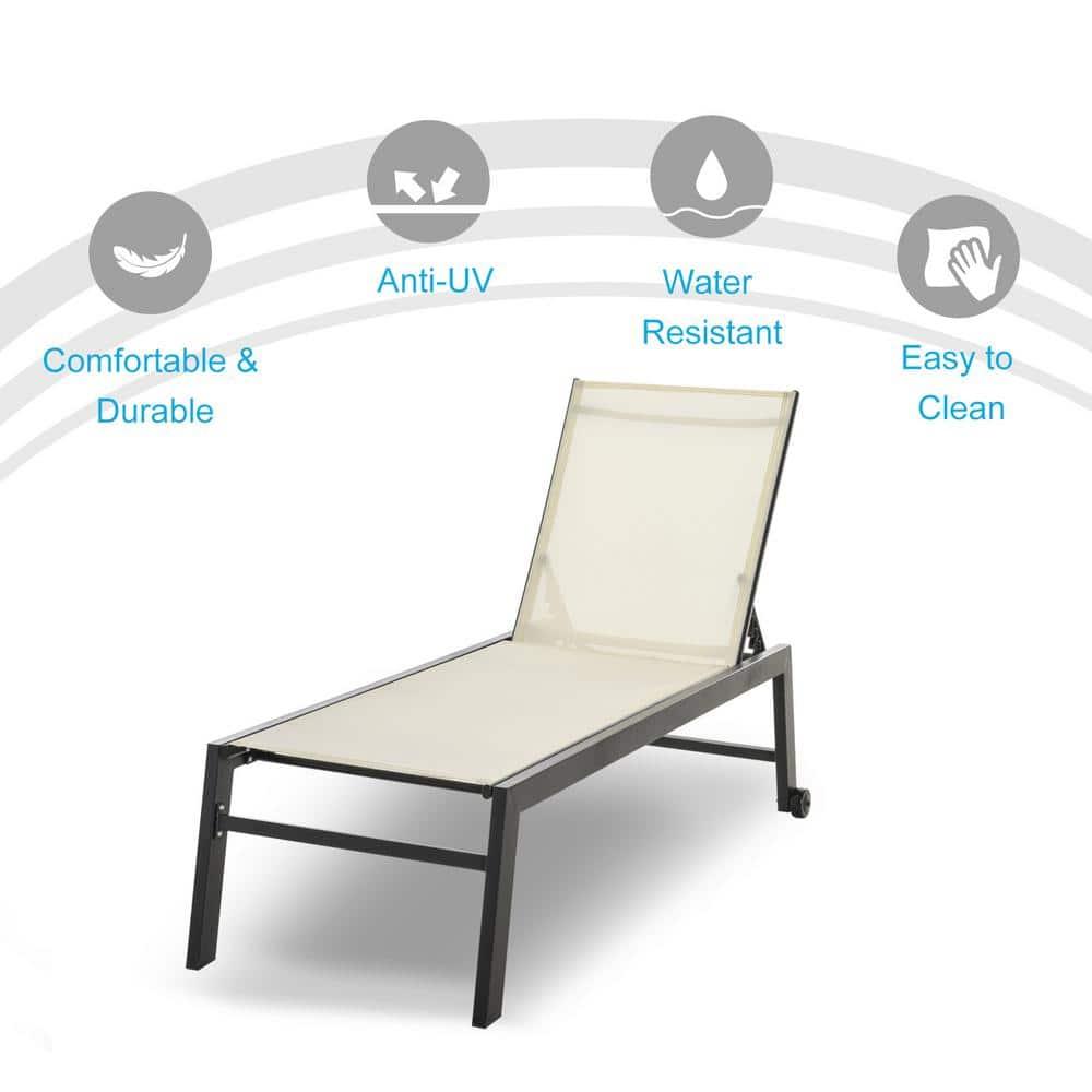 Outsunny Chaise Lounge Outdoor Pool Chair with Wheels, Five Position Recliner for Suntanning, Sunbathing, Steel Frame, Breathable Fabric, Cream White