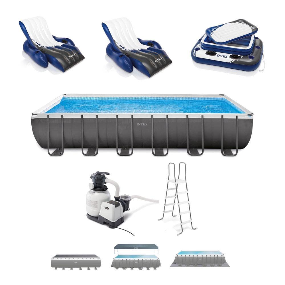 Intex 26363EH Ultra XTR 24ft x 12ft x 52in Outdoor Above Ground Rectangular Swimming Pool Set with 2 Lounge Pool Recliner Floats & 72 Can Cooler Float