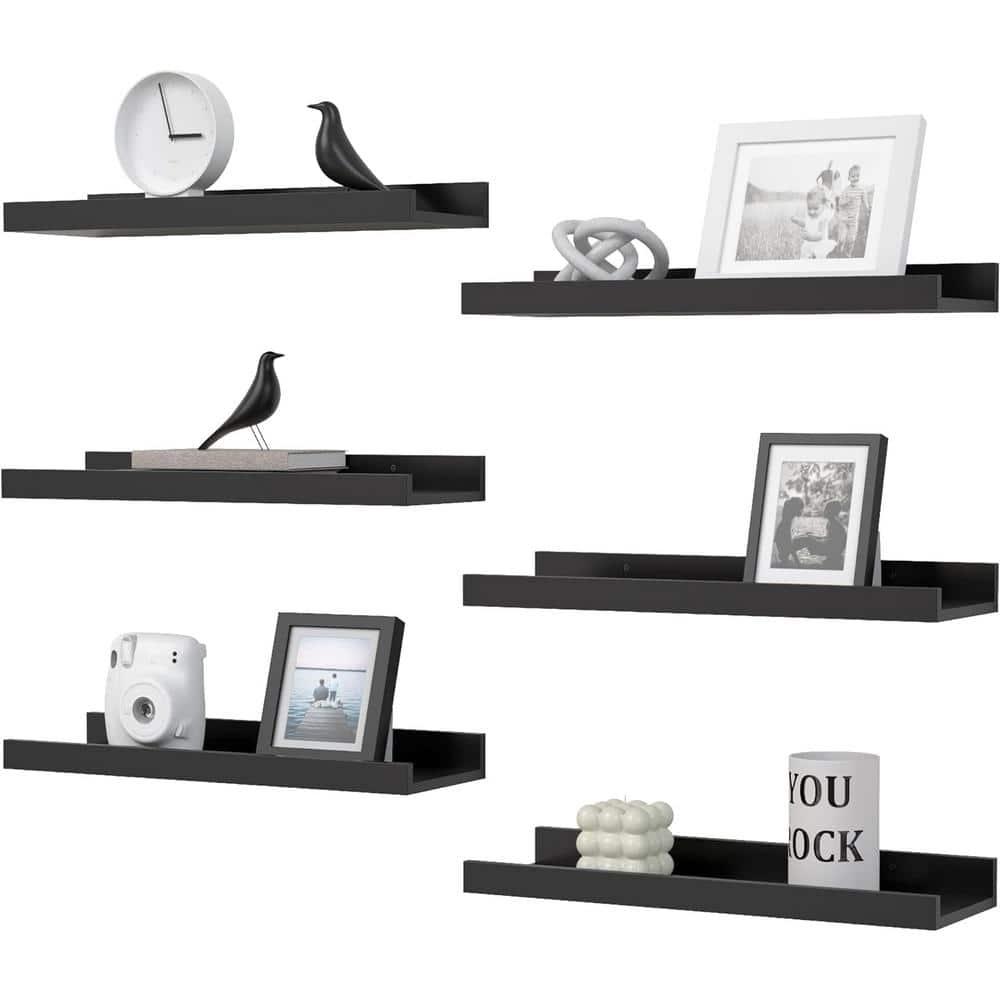 Floating Shelves Set of 6, Black Wall Shelves with Lip, Display Shelves for Wall Decor, Modern Picture Ledge for Living Room, Bedroom, Nursery, Bathroom, Pictures, Books, Plants- Black