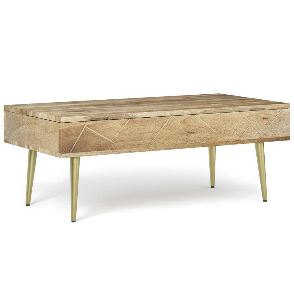 Simpli Home Jager 48"W Solid Mango Wood Contemporary Modern Lift Top Coffee Table with Hidden Storage and Geometric Brass Inlay