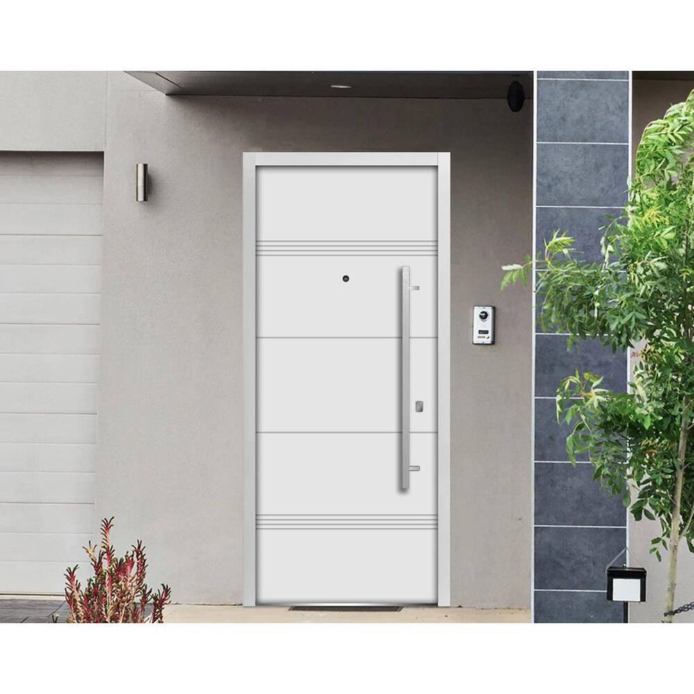 VDOMDOORS Front Exterior Prehung Steel Door 36 x 80 inches Right-Hand/Deux 1705 White Enamel/Horizontal Lines Single Modern Painted