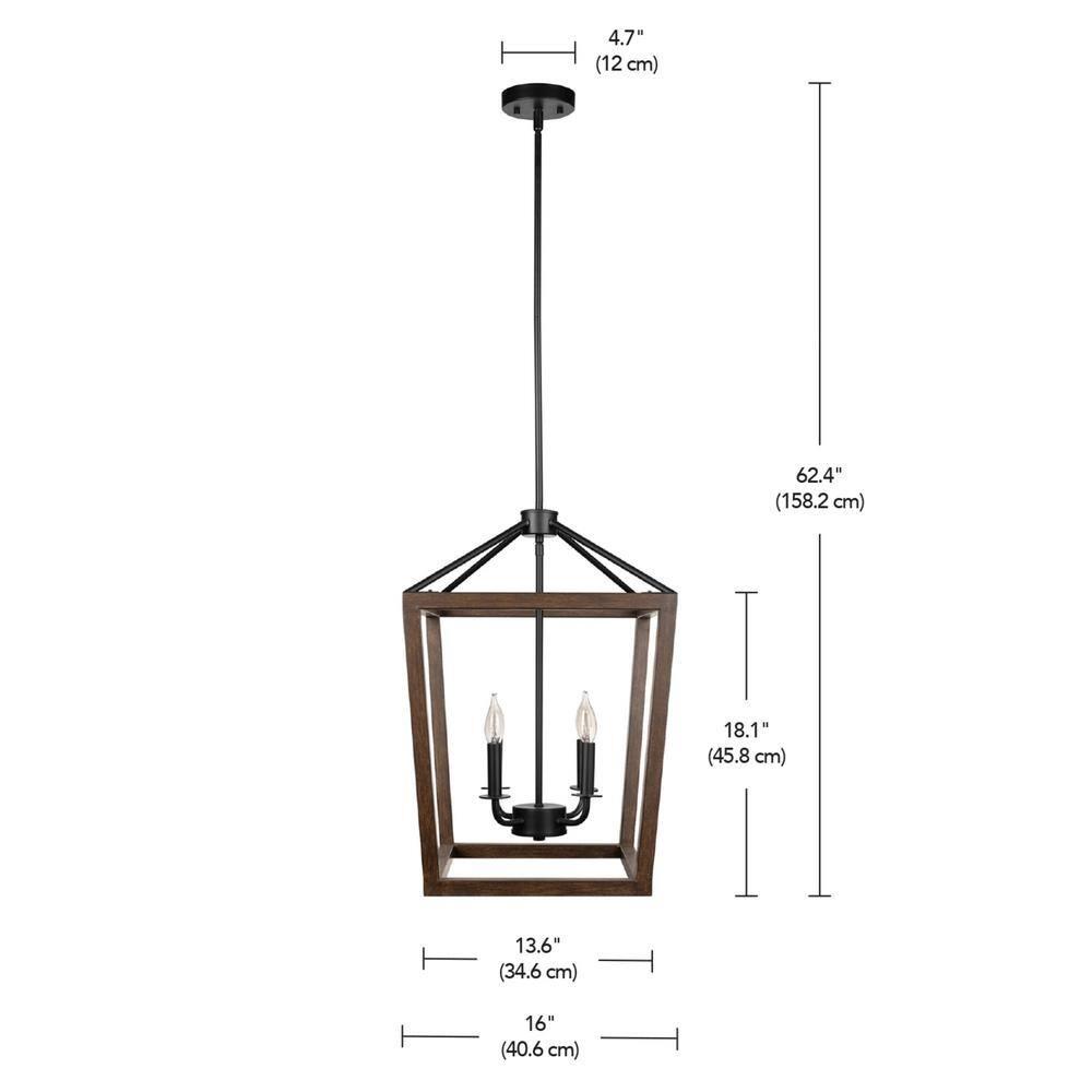 Globe Electric 4-Light Matte Black Pendant with Faux Wood Accent, Bulbs Included, 61036