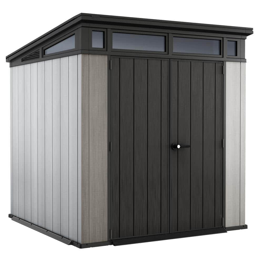 Keter Artisan 7x7 ft. Modern Durable Resin Outdoor Storage Shed With Floor and Double Doors for Garden Patio Furniture and Tools, Grey