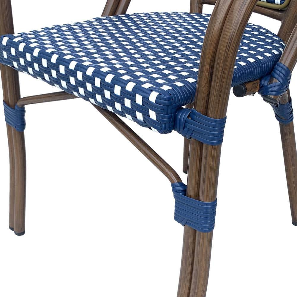 Cecil Aluminum and Wicker Outdoor French Bistro Chairs, Set of 2, Navy Blue, White, and Brown Wood