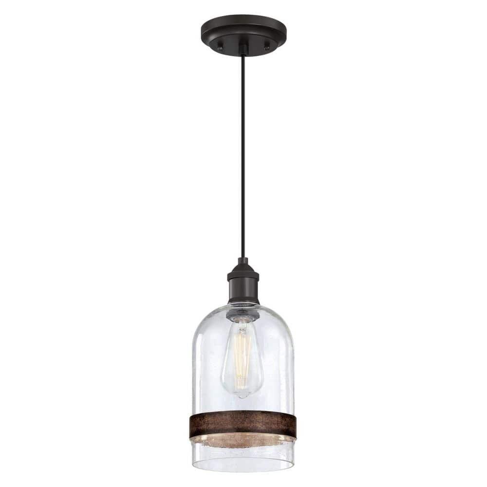 Westinghouse Lighting 6129800 Tarrant One Light Indoor Mini Pendant with Barnwood Band, Black-Bronze & Clear Seeded Glass