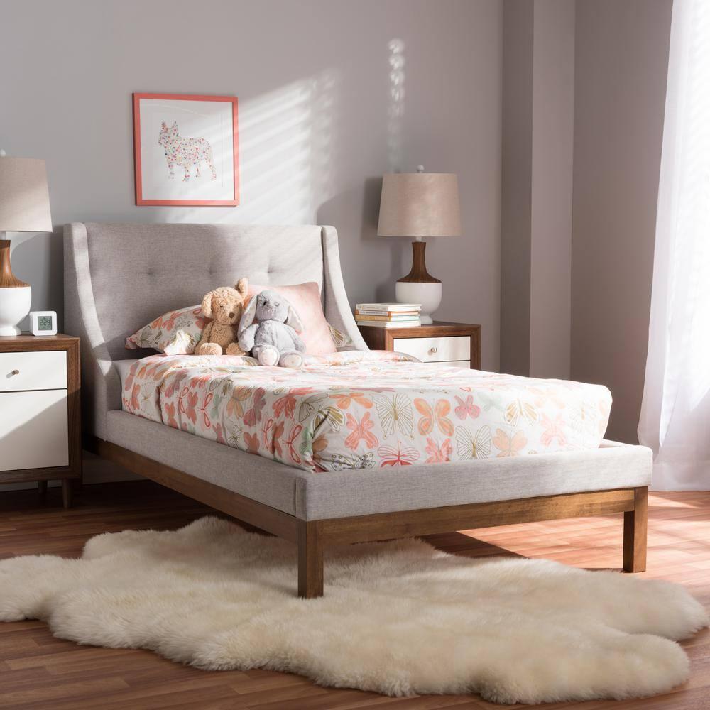 Louvain Modern and Contemporary Fabric Upholstered Walnut - Finished Platform Bed Grayish Beige - Baxton Studio