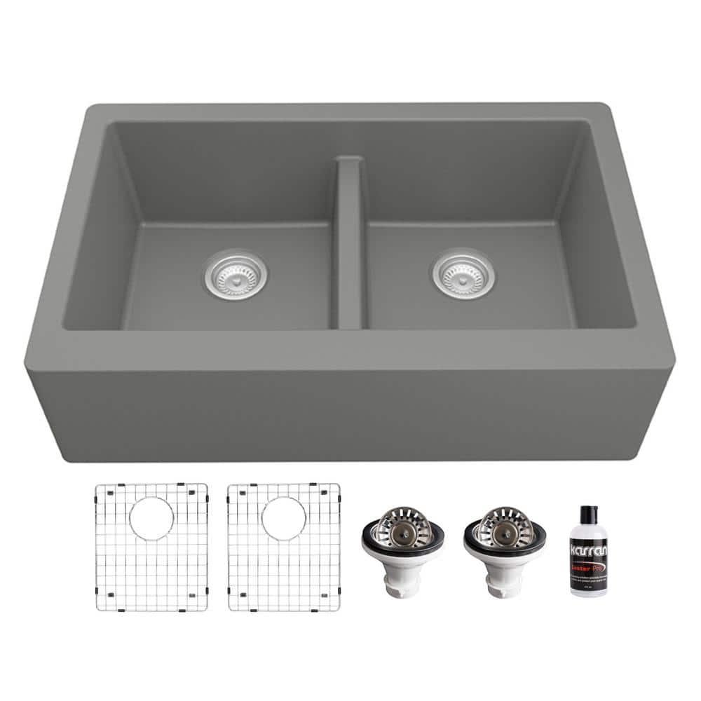 Karran Quartz 34'' X 21-1/4'' 50/50 Double Bowl Farmhouse/Apron Front Kitchen Sink Kit
