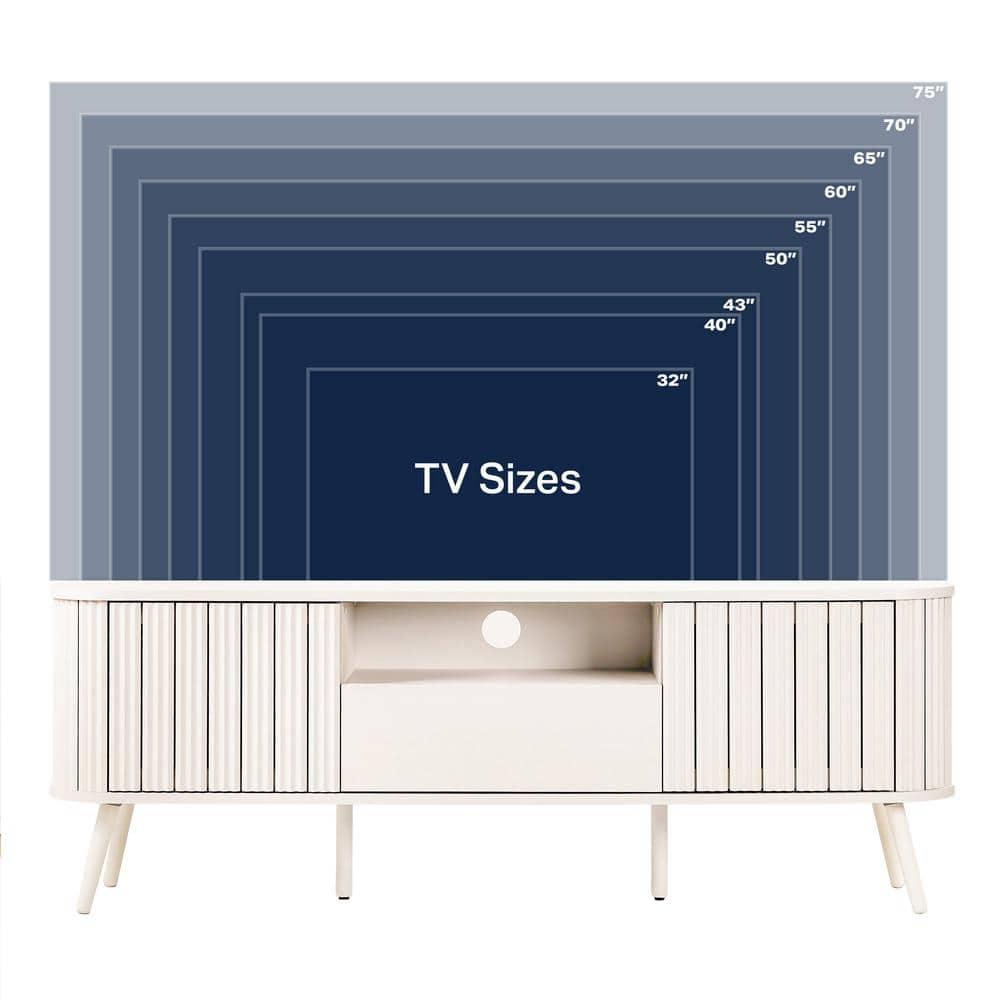 JONATHAN Y Damien 70 in. Farmhouse Curved TV Stand with Drawer and Storage Doors Fits TVs up to 75 in. with Cable Management, Off-White