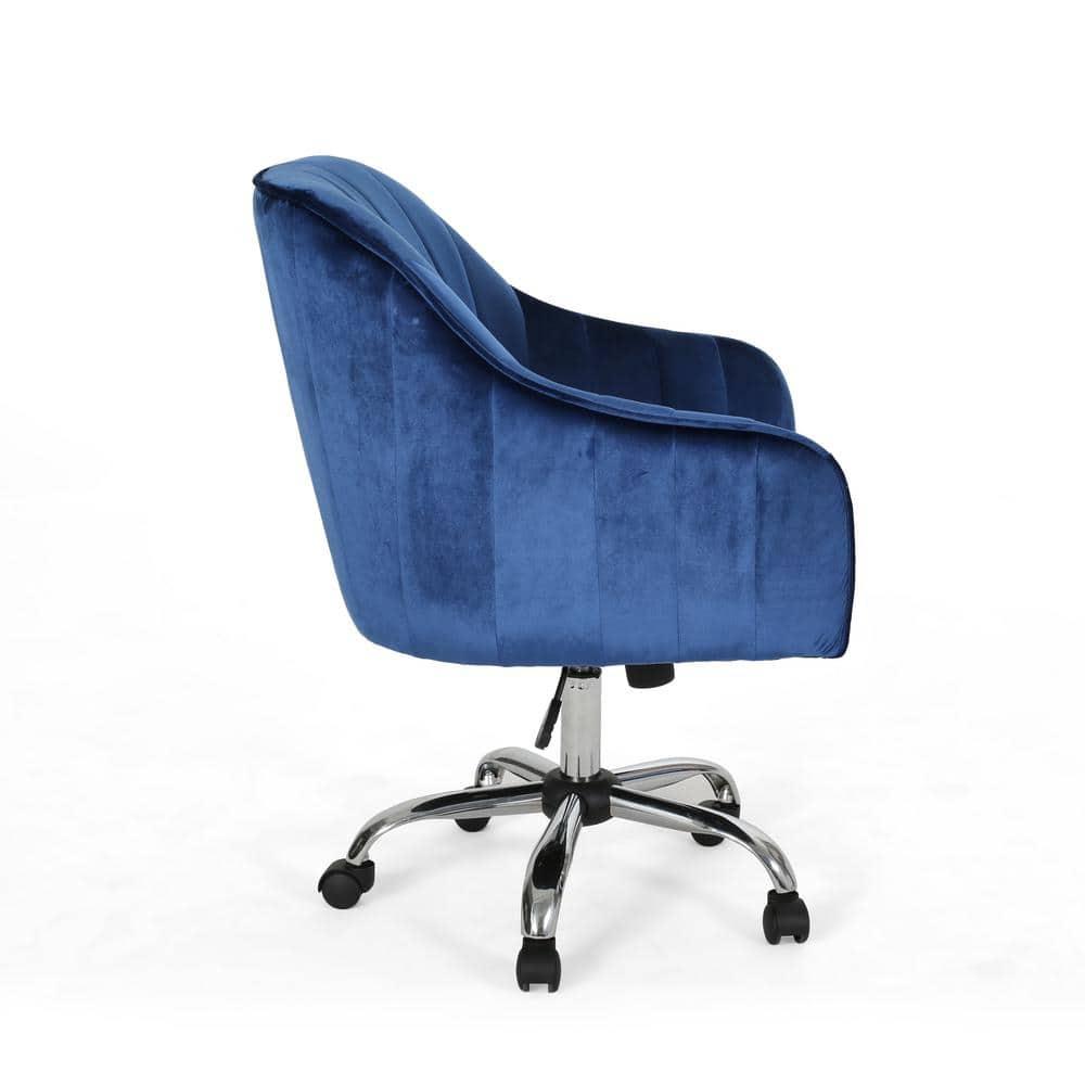 Noble House Lylah Glam Velvet Home Office Chair with Swivel Base, Navy Blue and Silver Finish