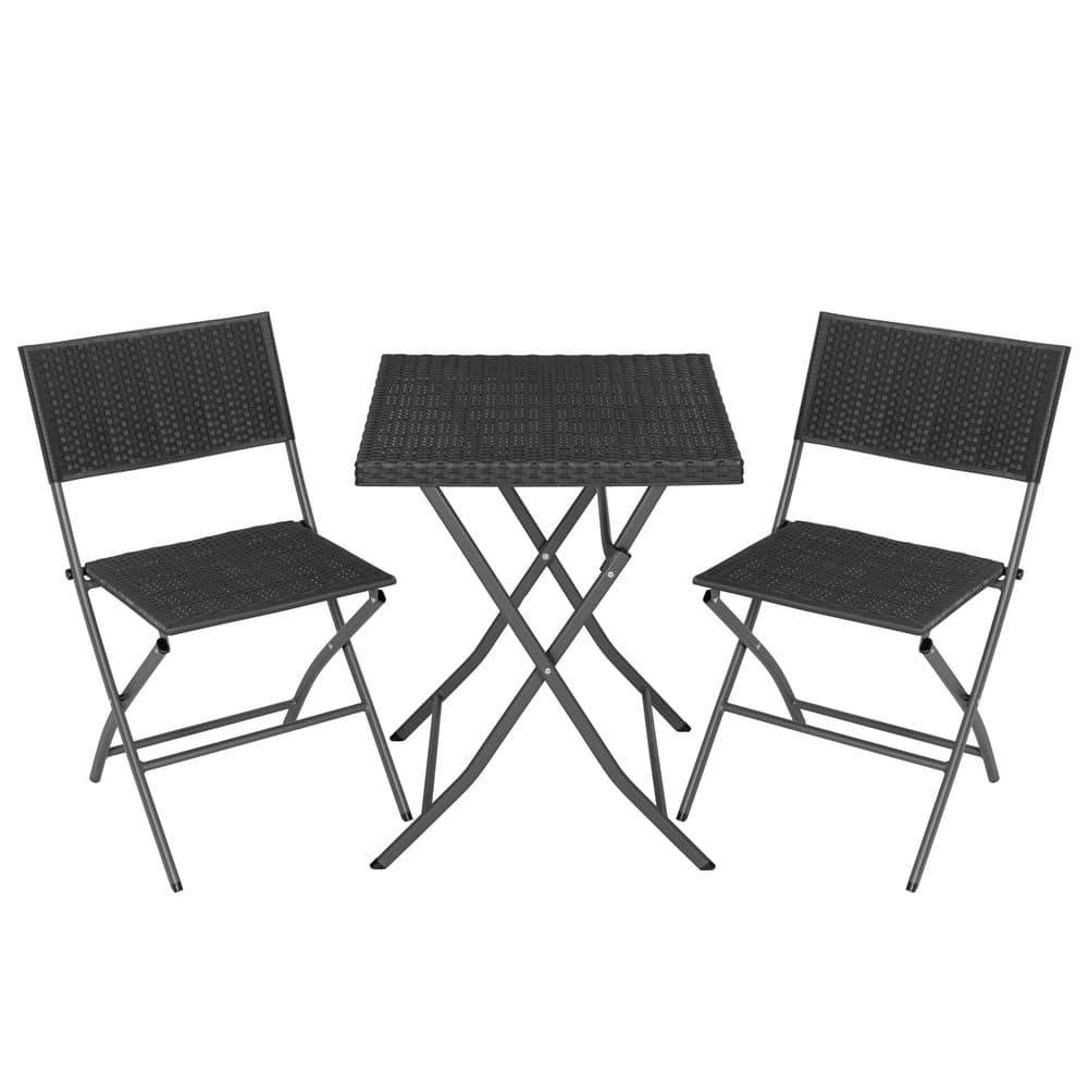 Nuu Garden 3 -Piece Black Rattan Bistro Patio Dining Set Iron Square Table with 2 Stationary Chairs