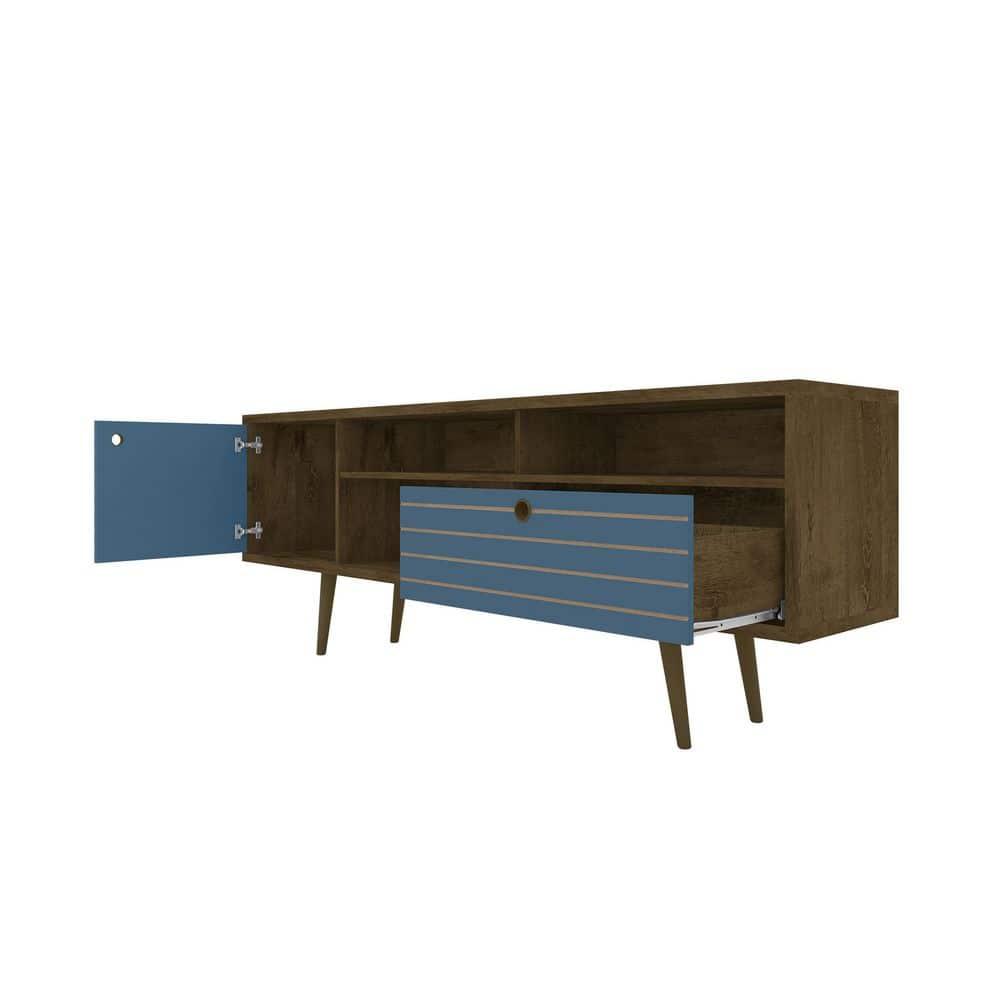 Liberty 3 Shelf and 1 Drawer TV Stand for TVs up to 65" Rustic Brown/Aqua Blue - Manhattan Comfort: Entertainment Center with Cable Management