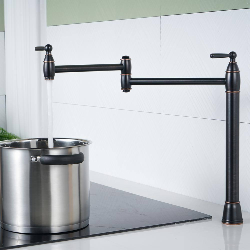 Pot Filler Deck Mount, WOWOW Pot Filler Faucet Oil Rubbed Bronze Kitchen Folding Countertop Faucet 2 Handle with Stretchable Double Joint Swing Arms Brass Stove Faucet