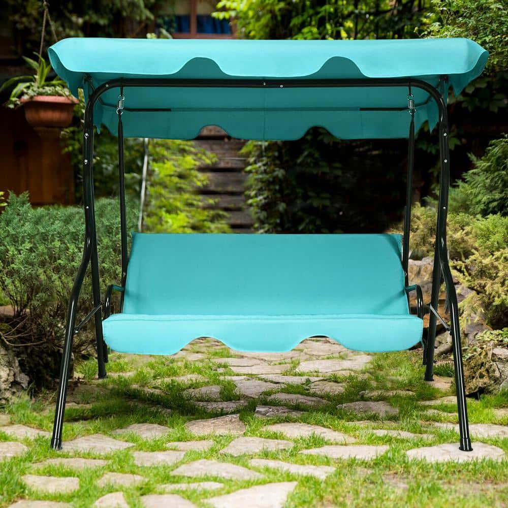 Tangkula 3-Seats Outdoor Glider Hammock with Adjustable Waterproof Canopy Aluminum Frame Patio Swing Chair Blue