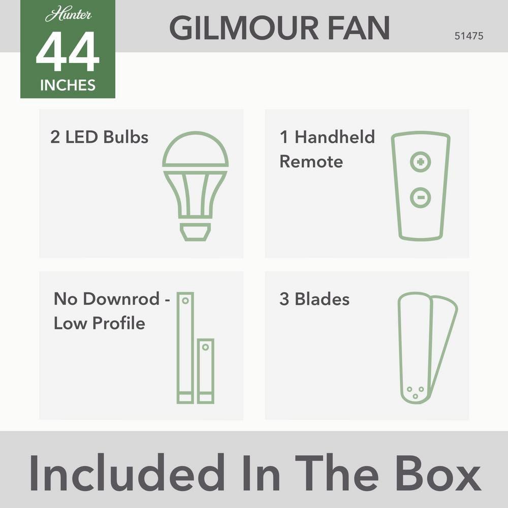 Hunter Fan 44" Gilmour 3 - Blade Outdoor Flush Mount Ceiling Fan with Remote Control and Light Kit Included