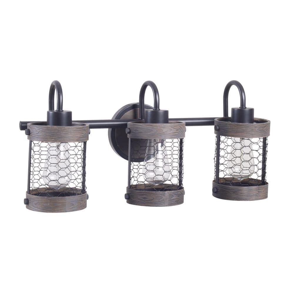 Co-t Kenroy Home Industrial Farmhouse 3-Light Bath Vanity Fixture With Chicken Wire Mesh Shades & Distressed Wood Accents