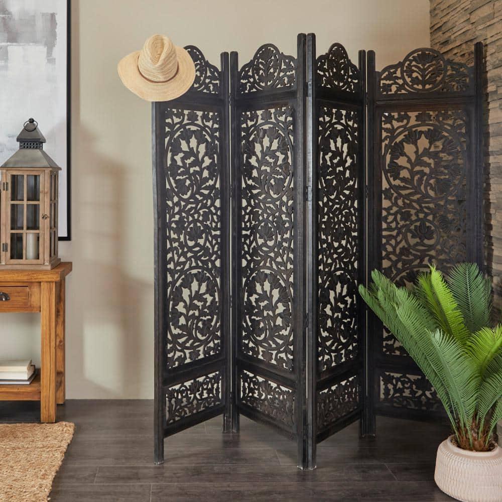 DecMode 80" x 72" Black Wood Floral Handmade Hinged Foldable Partition 4 Panel Room Divider Screen with Intricately Carved Designs, 1-Piece