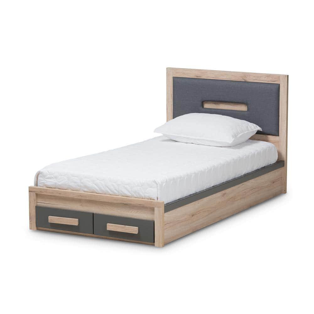 Baxton Studio Twin Pandora Modern and Contemporary Two Tone 2 Drawer Size Storage Platform Bed Dark Gray/Natural: Upholstered Headboard