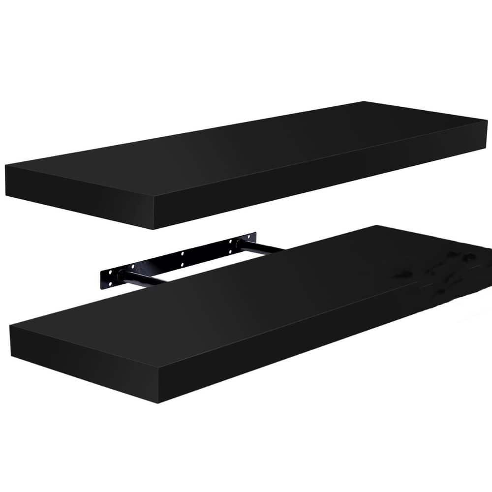 24" Black Solid Wood Floating Wall Shelves Set of 2