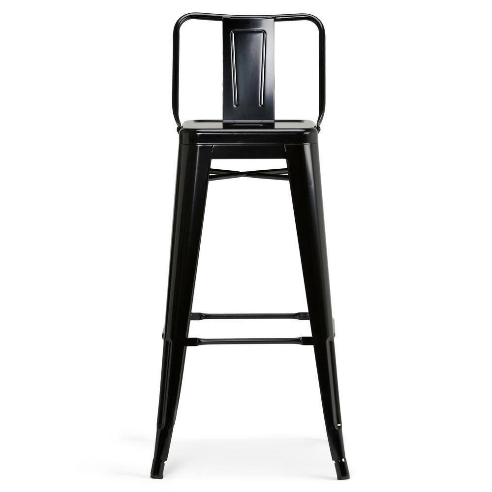 Simpli Home Rayne Metal Industrial Stool with Curved Back, Cross-Brace, and Footrest