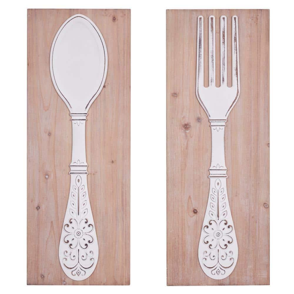 DecMode Brown Wooden Utensils Wall Decor with Carved White Floral Designs (2 Count)