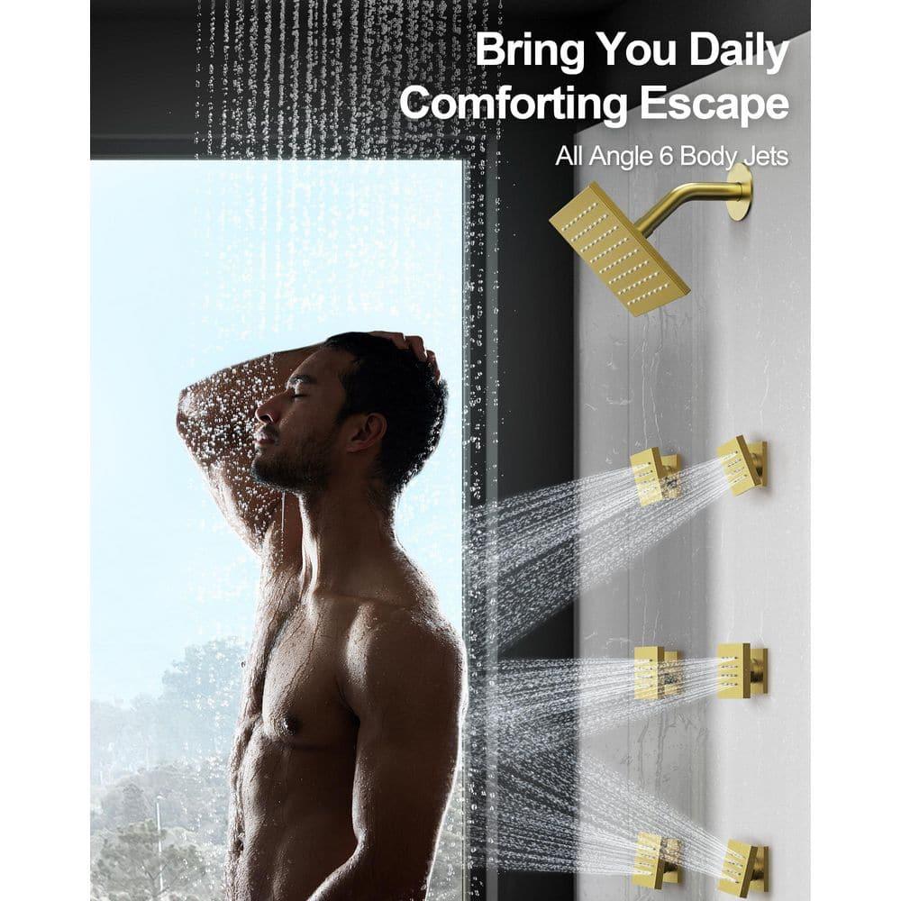 GRANDJOY 16 inch Complete Dual Shower Head System, Celling Mounted Shower Faucet Set with Hand Shower Head, Rough in-Valve, 6 Massage Body Jets - Brushed Gold