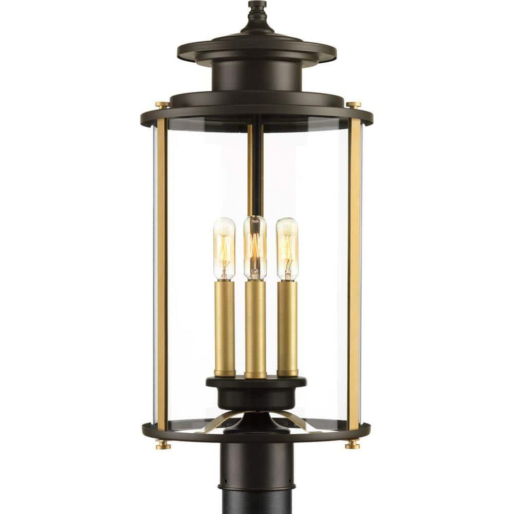 Progress Lighting, Squire Collection, 3-Light Post Lantern, Antique Bronze, Clear Glass Shade