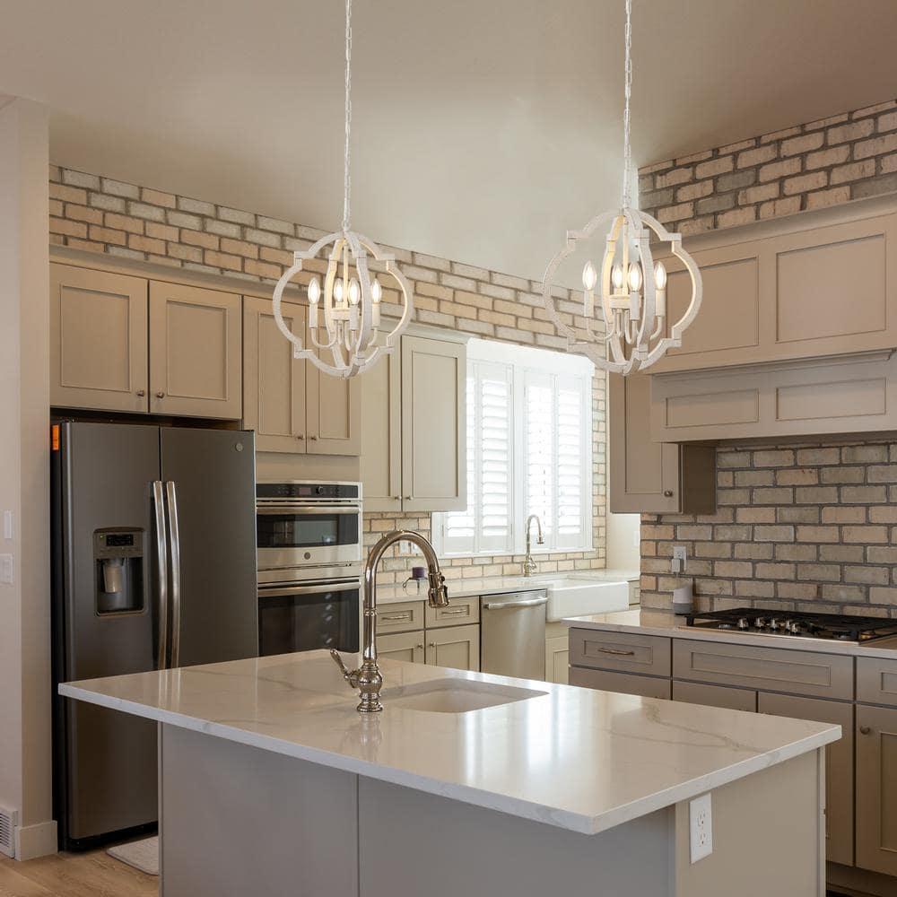 Farmhouse Chandelier Rustic Orb Chandeliers for Dining Room White Wooden Pendant Lighting 4 Light Small French Country Hanging Light Fixtures for Kitchen Island Living Room Bedroom Entryway