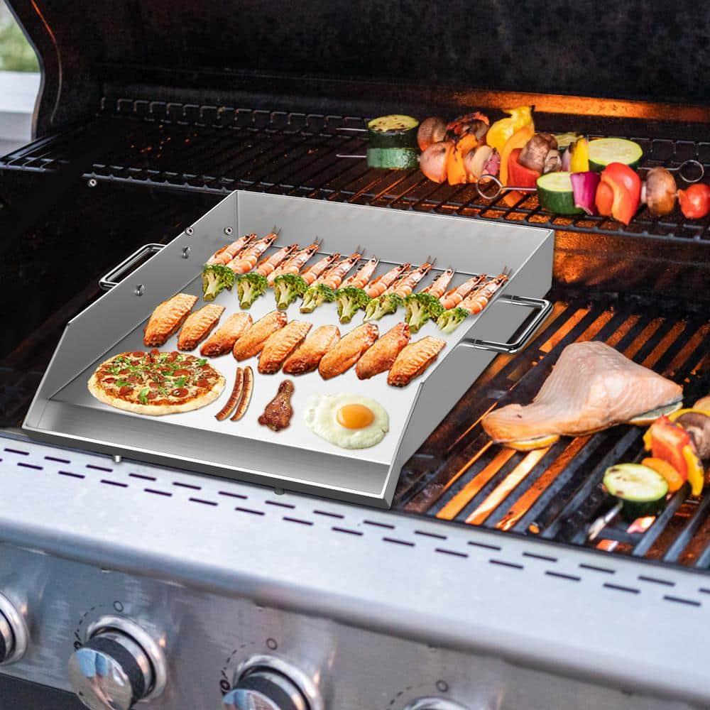 VEVORbrand Stainless Steel Griddle,18" X 16" Universal Flat Top Rectangular Plate, BBQ Charcoal/Gas Grill with 2 Handles and Grease Groove with for Camping, Tailgating and Parties