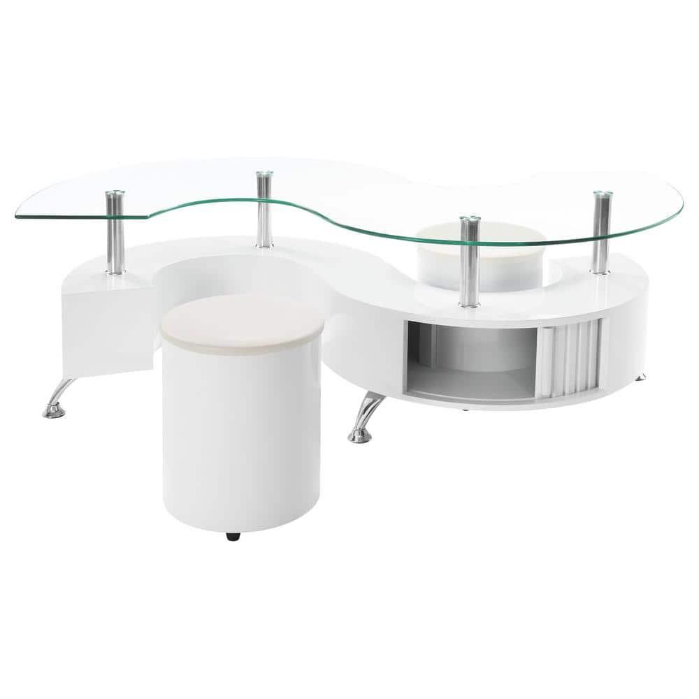 Coaster Buckley Wood Curved Glass Top Coffee Table With Stools in White