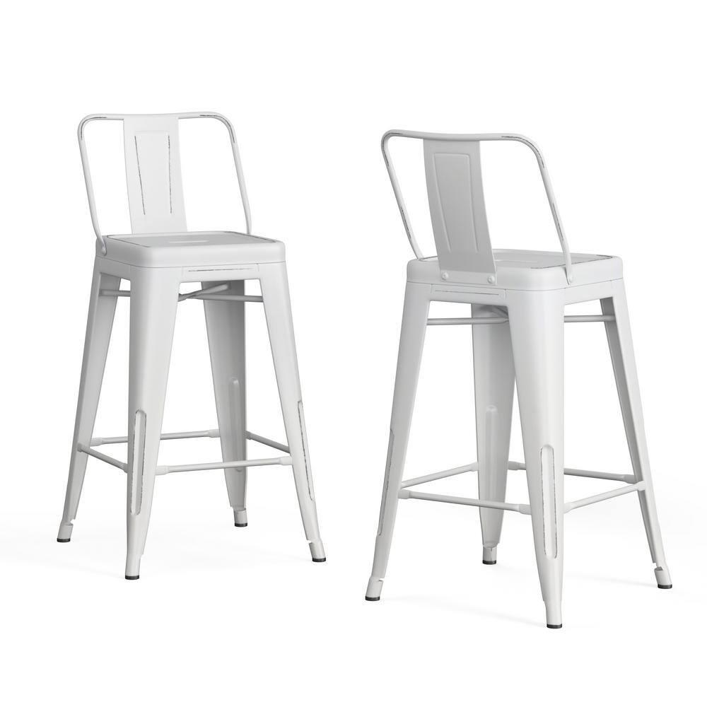 Simpli Home Rayne Industrial Metal 24 inch Counter Height Stool (Set of 2) in Distressed White